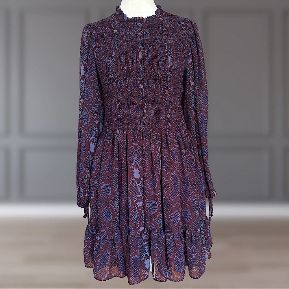 Olivaceous Plum and Dusty Blue Printed Mini Dress